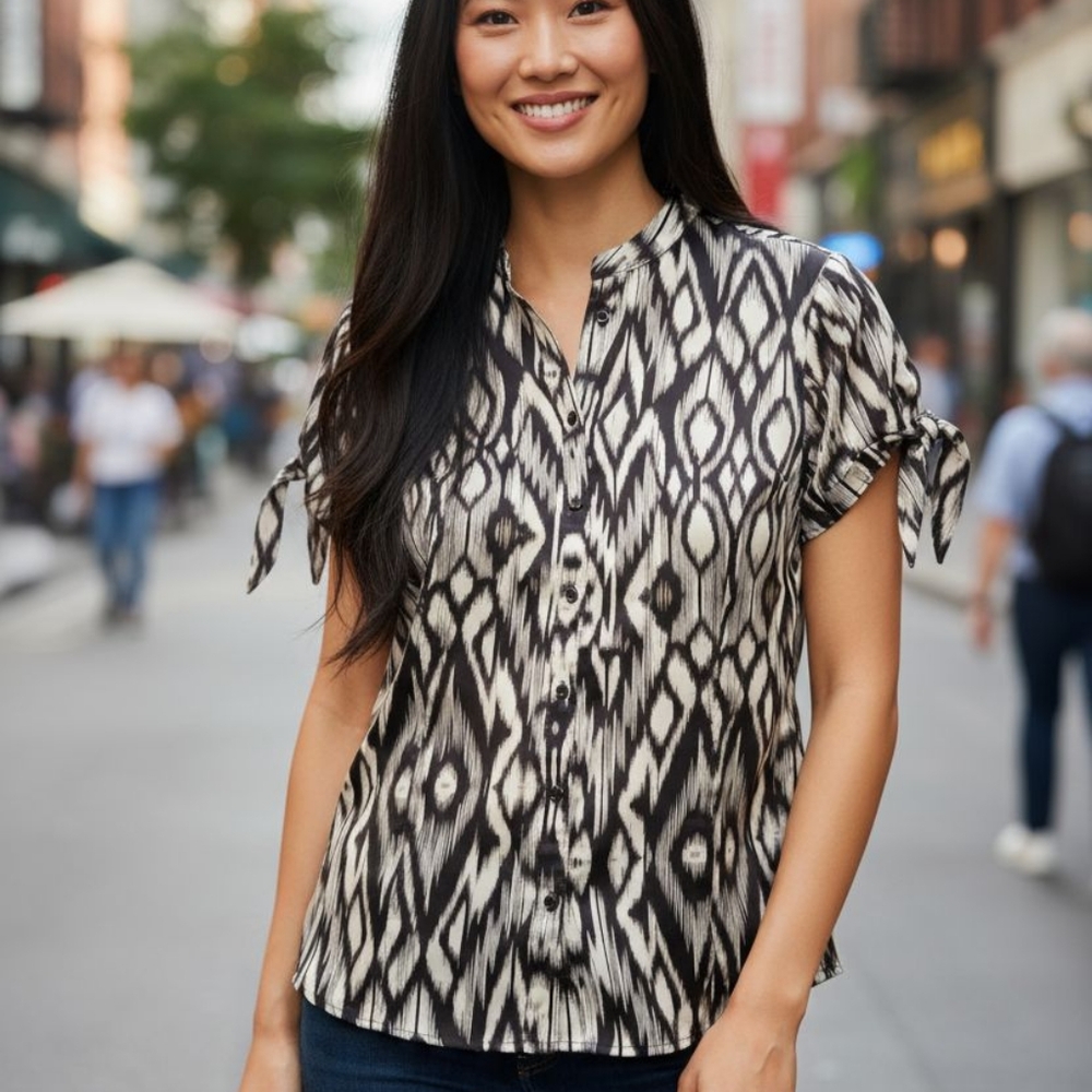 Laura Scott Women's short‎ sleeve button front V-Neck Brown/White 18W
